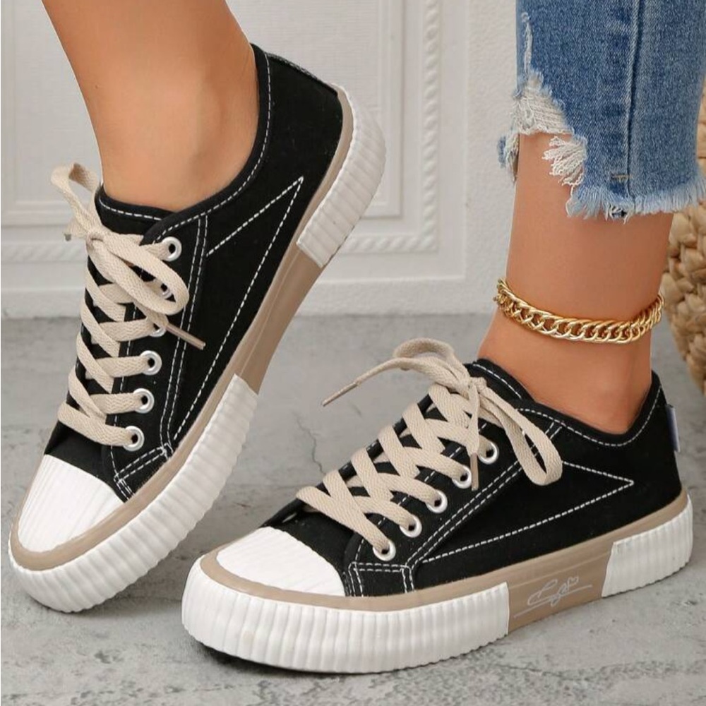 Low Top Wide Fit Canvas Sneakers, Preppy Colorblock Black Flat Shoes - Picture 4 of 6